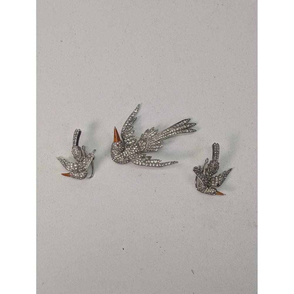 Bird Swallow Brooch Set Silver Tone White Rhinestone Figural 3 Piece Pin Sparkle